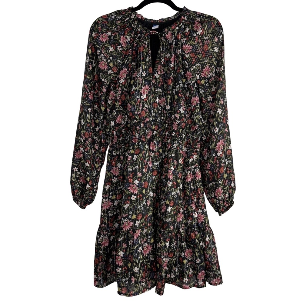 Old Navy Whimsigoth Black Floral Metallic Chiffon‎ Smocked Mini Dress Medium